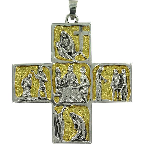 Croce Vescovo pettorale in metallo bicolore raffigurante scene di vita di Gesù - 8,7 cm