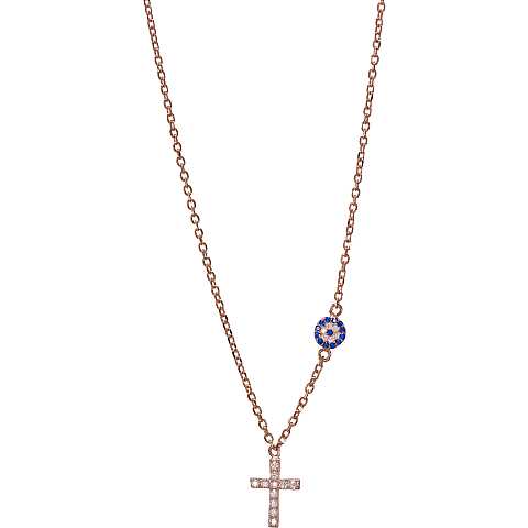 Collana con croce cm 1,4 con strass e medaglia in argento 925 con bagno in oro rosa