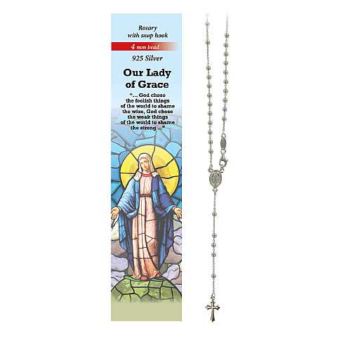Rosario Madonna Miracolosa in argento 925 con grani da Ø 4 mm e preghiera in inglese