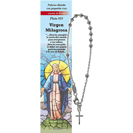Bracciale rosario in argento 925 con 11 grani da 4 mm con croce - Madonna Miracolosa - spagnolo