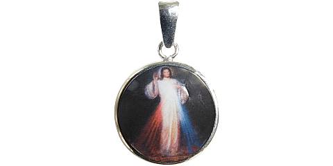 Medaglia Gesù Misericordioso in argento 925 e porcellana - 1,8 cm