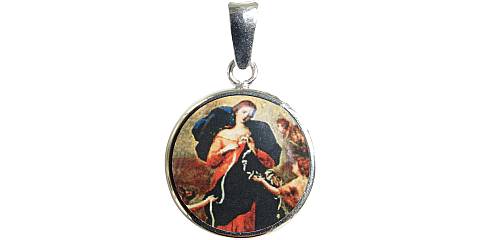 Medaglia Maria che scioglie i nodi tonda in argento 925 e porcellana