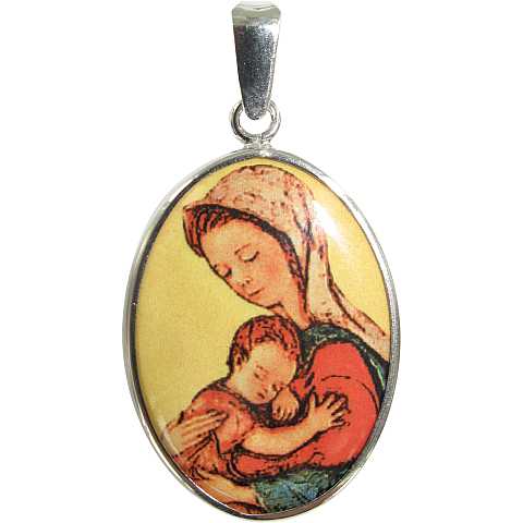 Medaglia Madonna con Bambino in argento 925 e porcellana - 3 cm