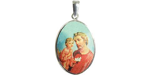 Medaglia San Giuseppe Ovale, Pendente / Ciondolo S. Giuseppe, Argento 925 e Porcellana, 3 Cm