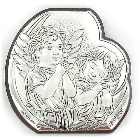 Quadretto Due Angeli sagomato con lastra in argento 925 - Bassorilievo - 4,5 x 4,5 