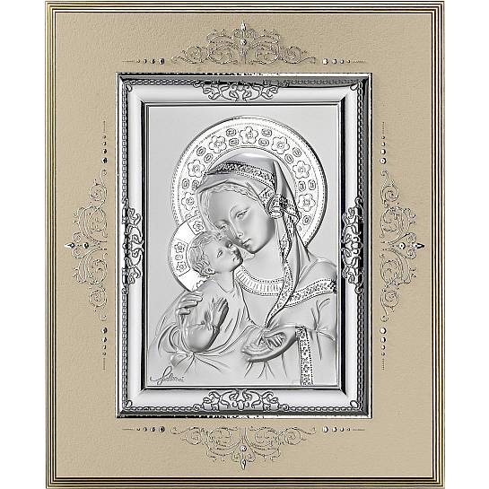Icona Madonna col Bambino in argento 925 e legno - 10,4 x 8,5 cm