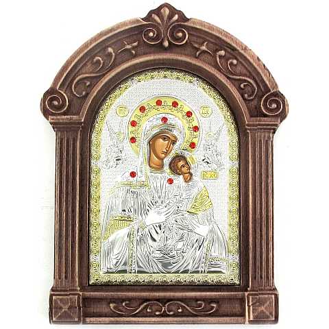 Icona Madonna col Bambino Greca a forma di arco con lastra in argento e cornice in legno - 17 x 12 cm