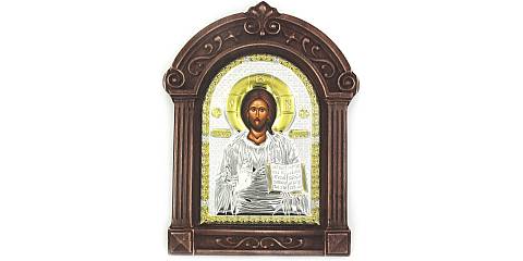 Icona Gesù con libro aperto Greca a forma di arco con lastra in argento e cornice in legno - 24 x 18,5 cm