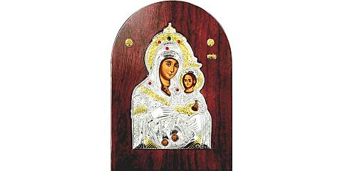 Icona Madonna di Betlemme Greca a forma di arco in argento con dettagli in oro e cristalli - 20 x 15 cm