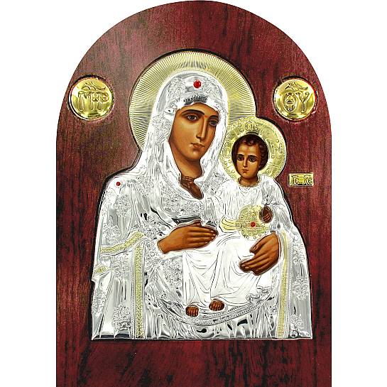 Icona Madonna di Gerusalemme Greca a forma di arco in argento con dettagli in oro e cristalli - 14 x 10 cm
