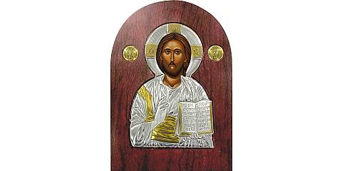 Icona Cristo con libro aperto Greca a forma di arco in argento con dettagli in oro e cristalli - 20 x 15 cm