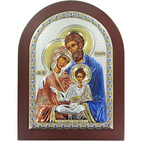 Icona Sacra Famiglia greca a forma di arco con lastra in argento - 20 x 26 cm