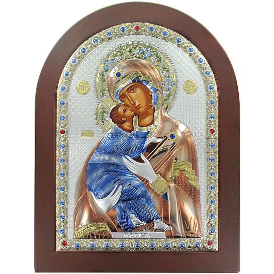 Icona Madonna di Vladimir greca a forma di arco con lastra in argento - 10 x 14 cm