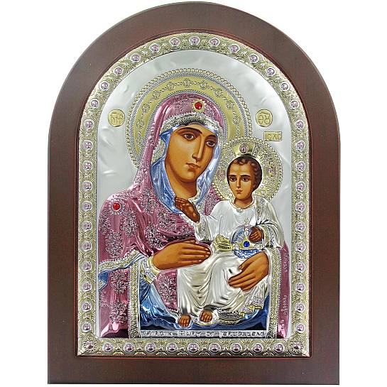 Icona Greca Madonna di Gerusalemme con lastra in argento a forma di arco - 20 x 26 cm 