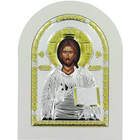 Icona Cristo con libro aperto Greca a forma di arco con lastra in argento - 20 x 26 cm