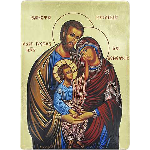 Icona Sacra Famiglia dipinta a mano su legno con fondo oro - 19 x 16 cm
