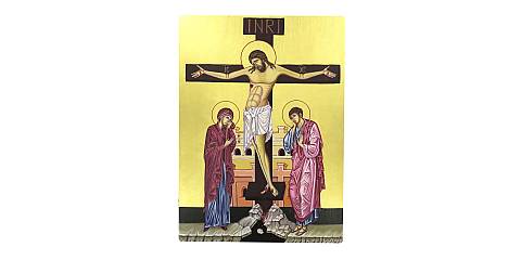 Icona Crocifissione di Gesù dipinta a mano su legno con fondo oro cm 19x26