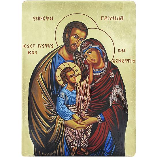 Icona Sacra Famiglia dipinta a mano su legno con fondo oro - 19 x 26 cm