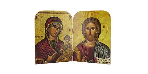 Dittico stile icona, Cristo Pantocratore e Madonna con bambino, produzione greca in legno - 20,5 x 14 cm