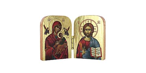 Dittico stile icona, Cristo Pantocratore e Madonna di Vladimir, sfondo lucido, produzione greca in legno - 7 x 4,5 cm
