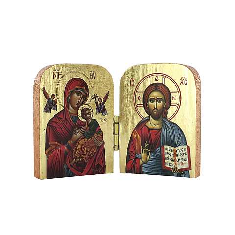 Dittico stile icona, Cristo Pantocratore e Madonna di Vladimir, sfondo lucido, produzione greca in legno - 7 x 4,5 cm