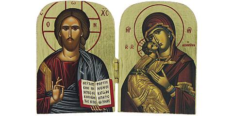Dittico stile icona, Cristo Pantocratore e Madonna di Vladimir, produzione greca in legno - 10 x 7 cm