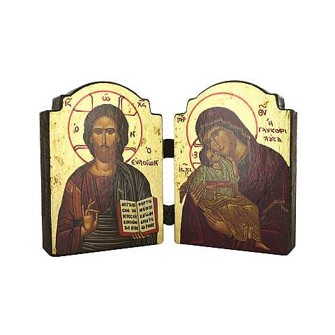 Icona dittico Cristo Pantocratore e Madonna di Vladimir, produzione greca in legno - 13,5 x 9 cm