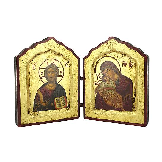 Icona dittico Cristo Pantocratore e Madonna di Vladimir, produzione greca in legno - 20 x 13 cm
