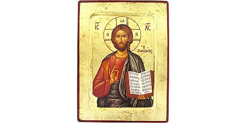 Icona Cristo Pantocratore con libro aperto, produzione greca su legno - 18,5 x 14,5 cm