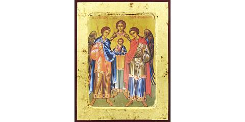 Icona Tre Arcangeli, Icona in Stile Arte Bizantina, Icona su Legno Rifinita con Aureole, Scritte e Bordure Fatte a Mano, Produzione Greca - 25,5 x 19 Cm