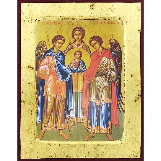 Icona Tre Arcangeli, Icona in Stile Arte Bizantina, Icona su Legno Rifinita con Aureole, Scritte e Bordure Fatte a Mano, Produzione Greca - 25,5 x 19 Cm