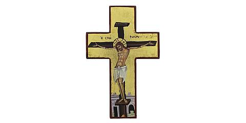 Croce icona Cristo morente, Icona in Stile Arte Bizantina, Icona su Legno Rifinita con Aureole, Scritte e Bordure Fatte a Mano, Produzione Greca e sfondo foglia oro - 14,5 x 9,5 Cm