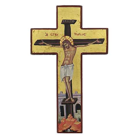 Croce icona Cristo morente, Icona in Stile Arte Bizantina, Icona su Legno Rifinita con Aureole, Scritte e Bordure Fatte a Mano, Produzione Greca e sfondo foglia oro - 21,5 x 13 Cm