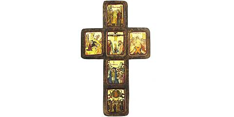 Croce con icone delle scene della vita di Gesù e Maria, Icona in Stile Arte Bizantina, Icona su Legno Rifinita con Aureole, Scritte e Bordure Fatte a Mano, Produzione Greca - 26,5 x 22 Cm