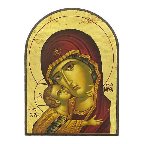 Icona Madonna della Tenerezza, Vergine di Vladimir, produzione greca su legno a forma di arco - 18,5 x 14 cm