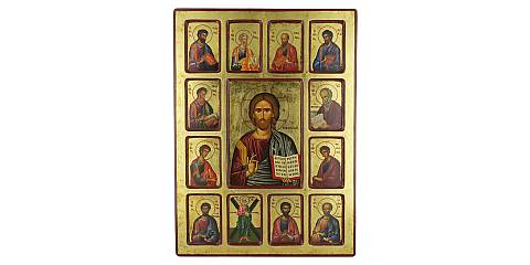 Icona Cristo Pantocratore e 12 Apostoli, produzione greca su legno - 42,5 x 30 cm