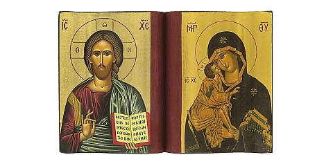 Dittico Cristo Pantocratore e Madonna con Bambino a forma di libro, produzione greca, legno - 13,5 x 9 cm