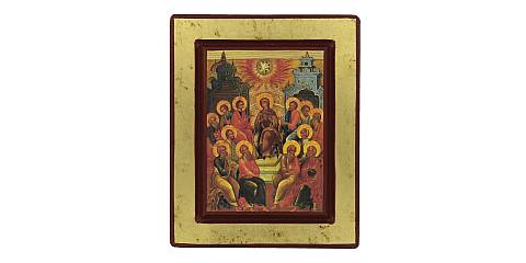 Icona Discesa dello Spirito Santo - Pentecoste, Icona in Stile Arte Bizantina, Icona su Legno Rifinita con Aureole, Scritte e Bordure Fatte a Mano, Produzione Greca - 18,5 x 15 Cm