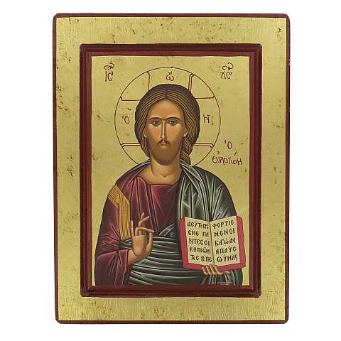 Icona Cristo Pantocratore con libro aperto, produzione greca su legno - 23,5 x 18,5 cm