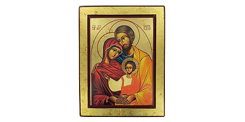 Icona Sacra Famiglia, Icona in Stile Arte Bizantina, Icona su Legno Rifinita con Aureole, Scritte e Bordure Fatte a Mano, Produzione Greca - 32 x 25 Cm