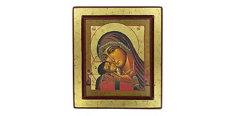 Icona Madonna di Korsun, Icona in Stile Arte Bizantina, Icona su Legno Rifinita con Aureole, Scritte e Bordure Fatte a Mano, Produzione Greca - 25 x 22 Cm