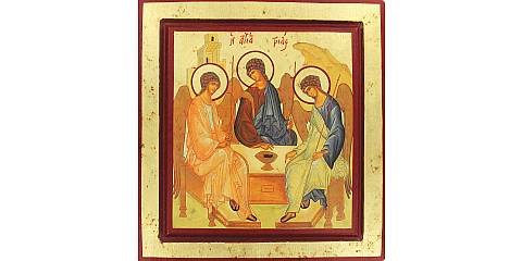 Icona Trinità di Rublev, Icona in Stile Arte Bizantina, Icona su Legno Rifinita con Aureole, Scritte e Bordure Fatte a Mano, Produzione Greca - 22 x 21 Cm