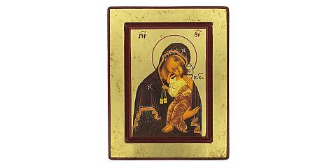Icona Madonna del Carmine, Icona in Stile Arte Bizantina, Icona su Legno Rifinita con Aureole, Scritte e Bordure Fatte a Mano, Produzione Greca - 19 x 15 Cm