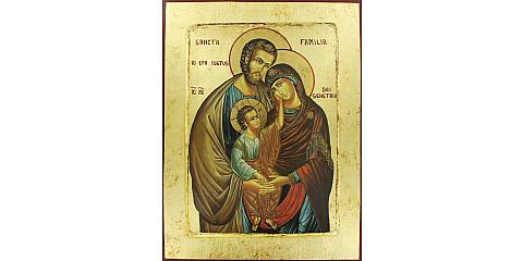 Icona Sacra Famiglia, Icona in Stile Arte Bizantina, Icona su Legno Rifinita con Aureole, Scritte e Bordure Fatte a Mano, Produzione Greca - 31,5 x 24 Cm