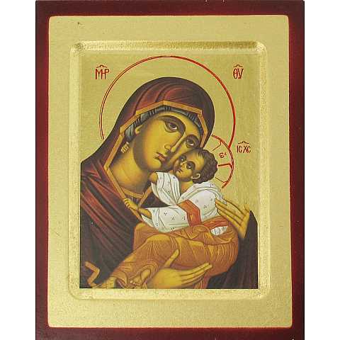 Icona Madonna con manto rosso stampa su legno scavato - 17 x 13 cm
