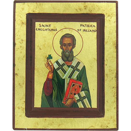 Icona Saint Patrick / San Patrizio, produzione greca su legno, bordo bordeaux - 13,5 x 11 cm