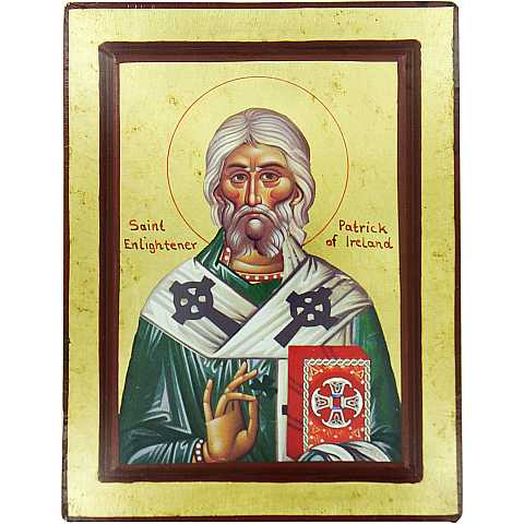 Icona Saint Patrick / San Patrizio, produzione greca su legno, bordo bordeaux - 25 x 18 cm