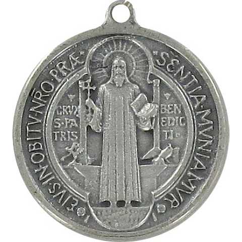 Medaglia San Benedetto in metallo argentato ossidato - 3 cm