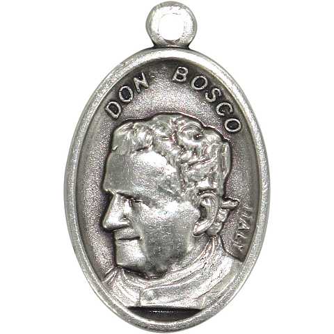 Medaglia Don Bosco e Madonna Ausiliatrice ovale in metallo ossidato - 2,5 cm