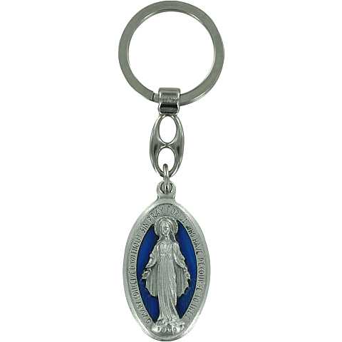 Portachiavi Madonna Miracolosa in metallo argentato con smalto blu